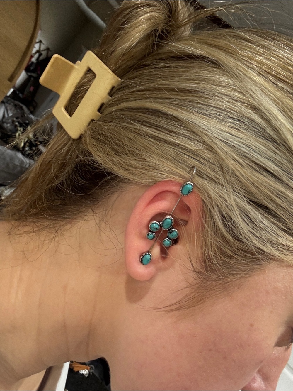 Turquoise Ear Climber Cuff Western Boho Silver Statement Earring Wrap